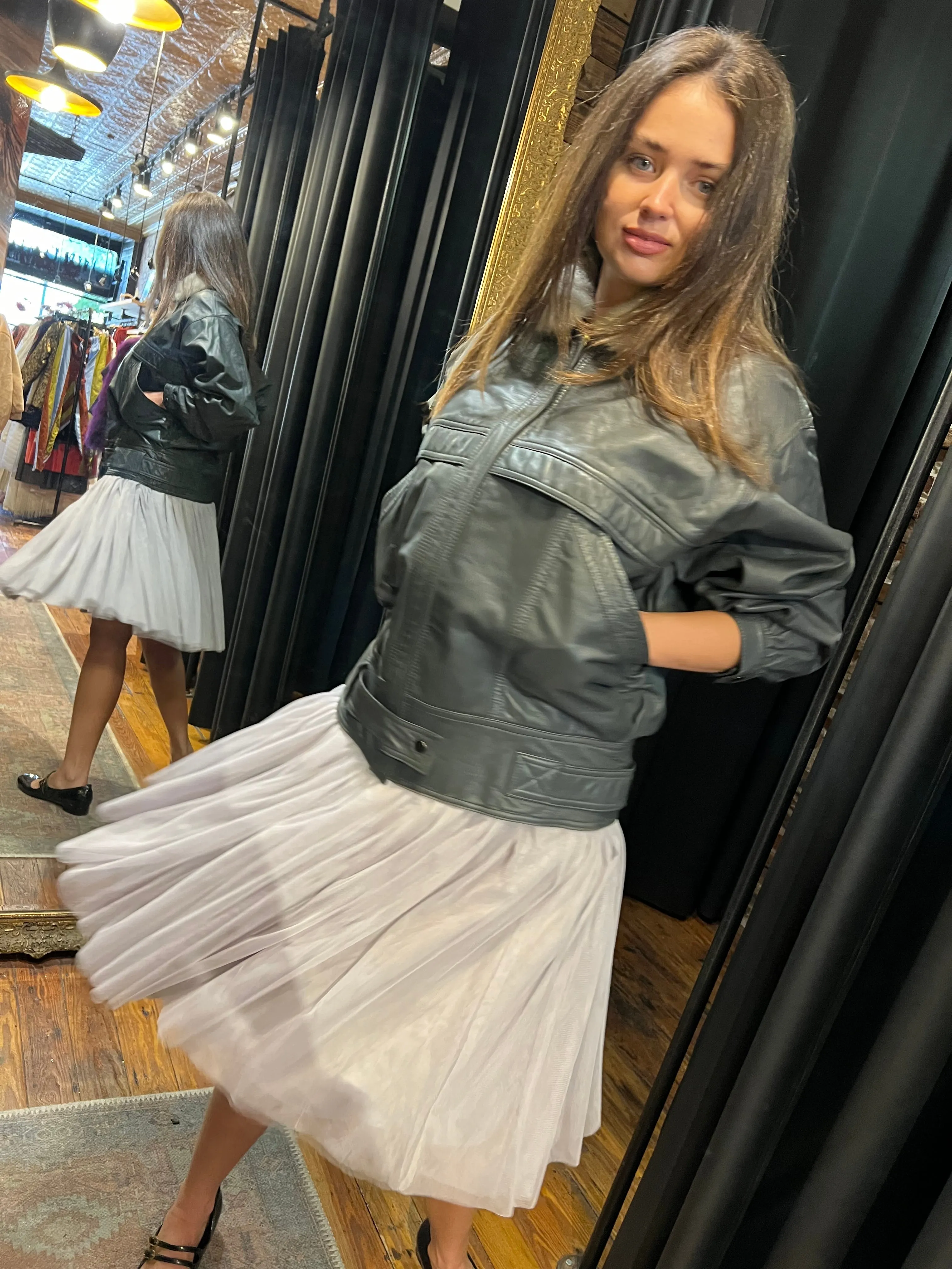 gray leather bomber jacket
