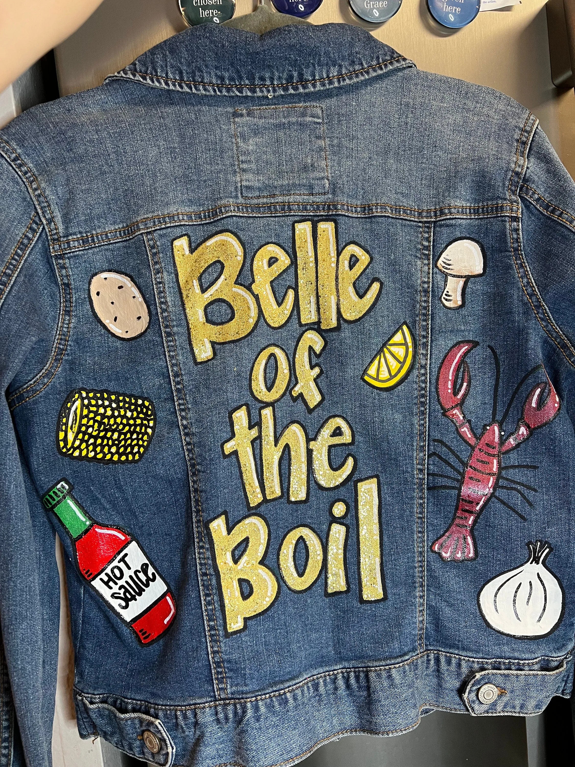 Hand Painted Mardi Gras Jean Jacket - Mardi Gras, Painted Jean Jacket, New Orleans, Crawfish Boil, Parade Outfit, Belle of the Boil, Mudbug