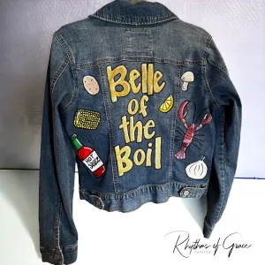 Hand Painted Mardi Gras Jean Jacket - Mardi Gras, Painted Jean Jacket, New Orleans, Crawfish Boil, Parade Outfit, Belle of the Boil, Mudbug