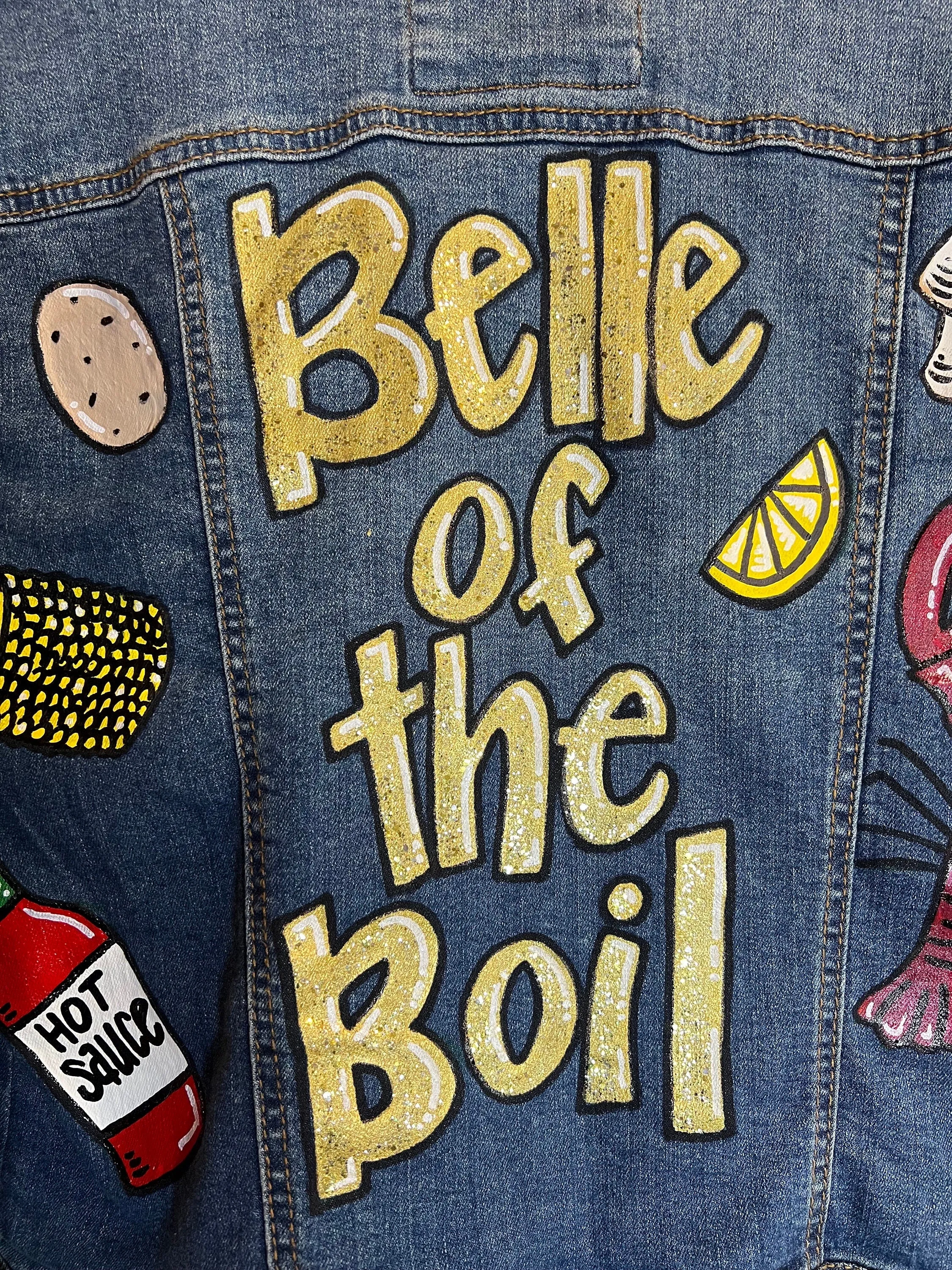 Hand Painted Mardi Gras Jean Jacket - Mardi Gras, Painted Jean Jacket, New Orleans, Crawfish Boil, Parade Outfit, Belle of the Boil, Mudbug