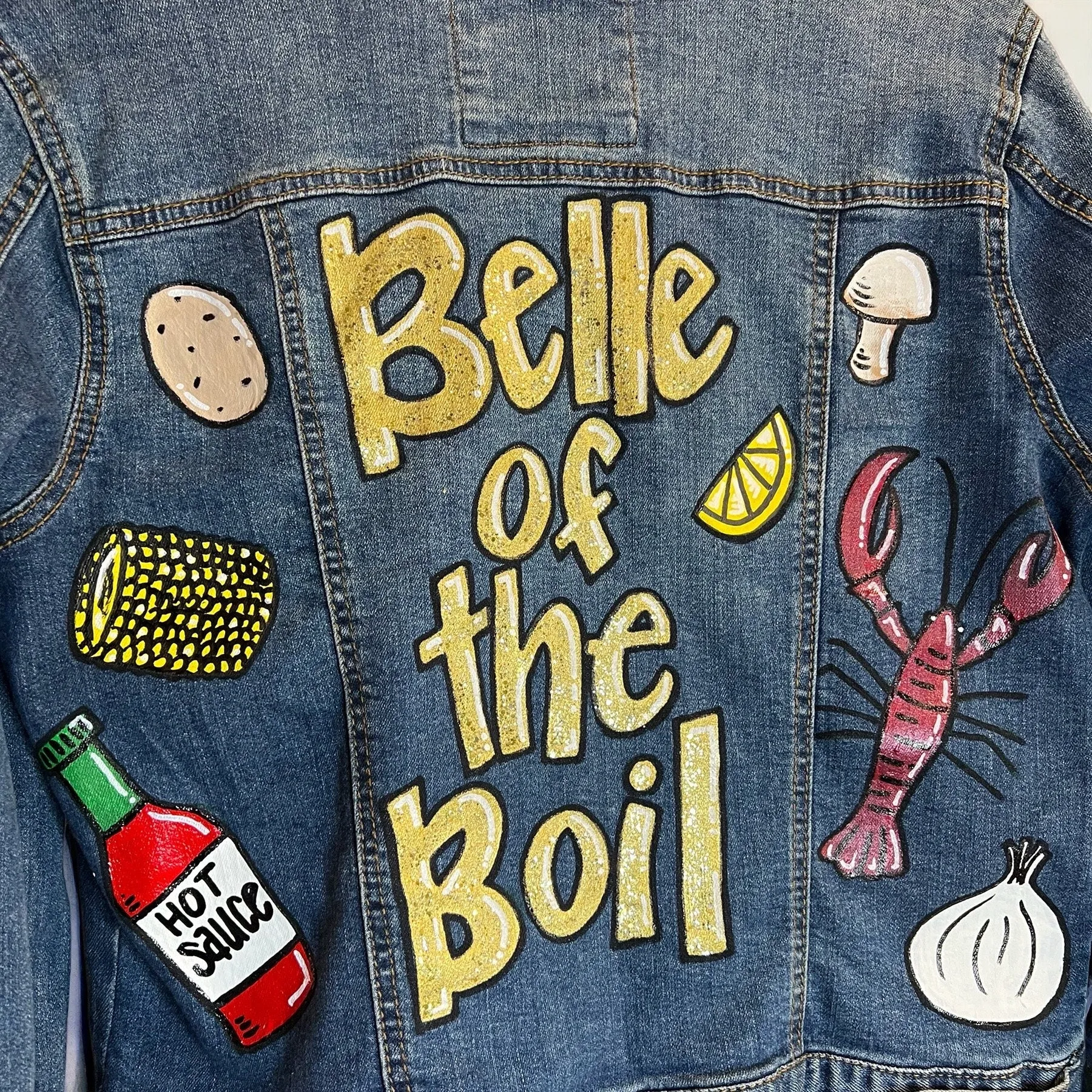 Hand Painted Mardi Gras Jean Jacket - Mardi Gras, Painted Jean Jacket, New Orleans, Crawfish Boil, Parade Outfit, Belle of the Boil, Mudbug