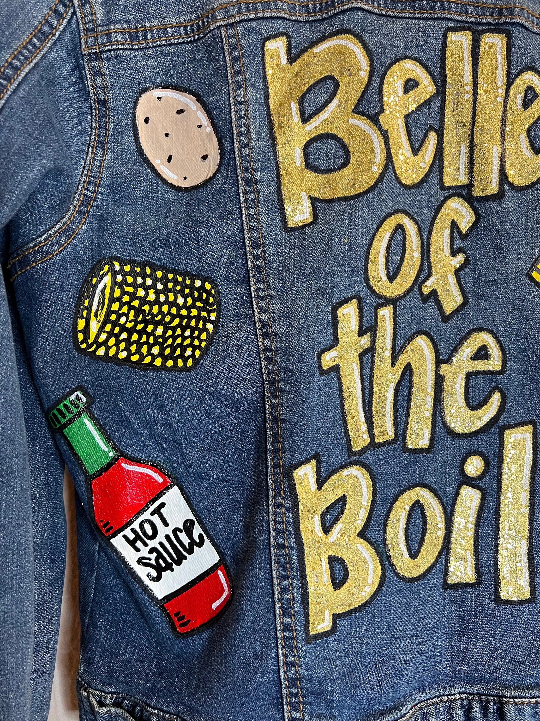 Hand Painted Mardi Gras Jean Jacket - Mardi Gras, Painted Jean Jacket, New Orleans, Crawfish Boil, Parade Outfit, Belle of the Boil, Mudbug