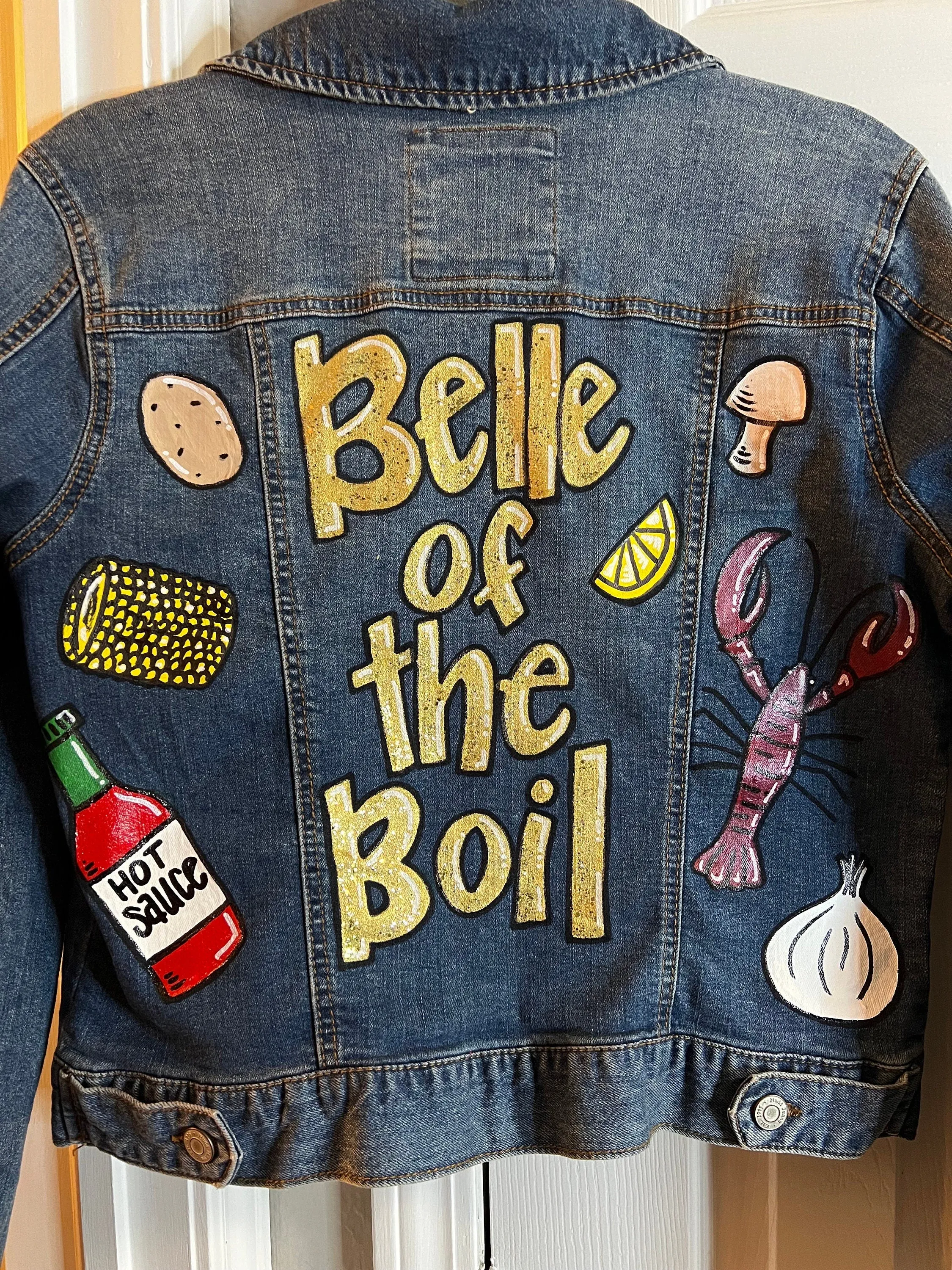 Hand Painted Mardi Gras Jean Jacket - Mardi Gras, Painted Jean Jacket, New Orleans, Crawfish Boil, Parade Outfit, Belle of the Boil, Mudbug