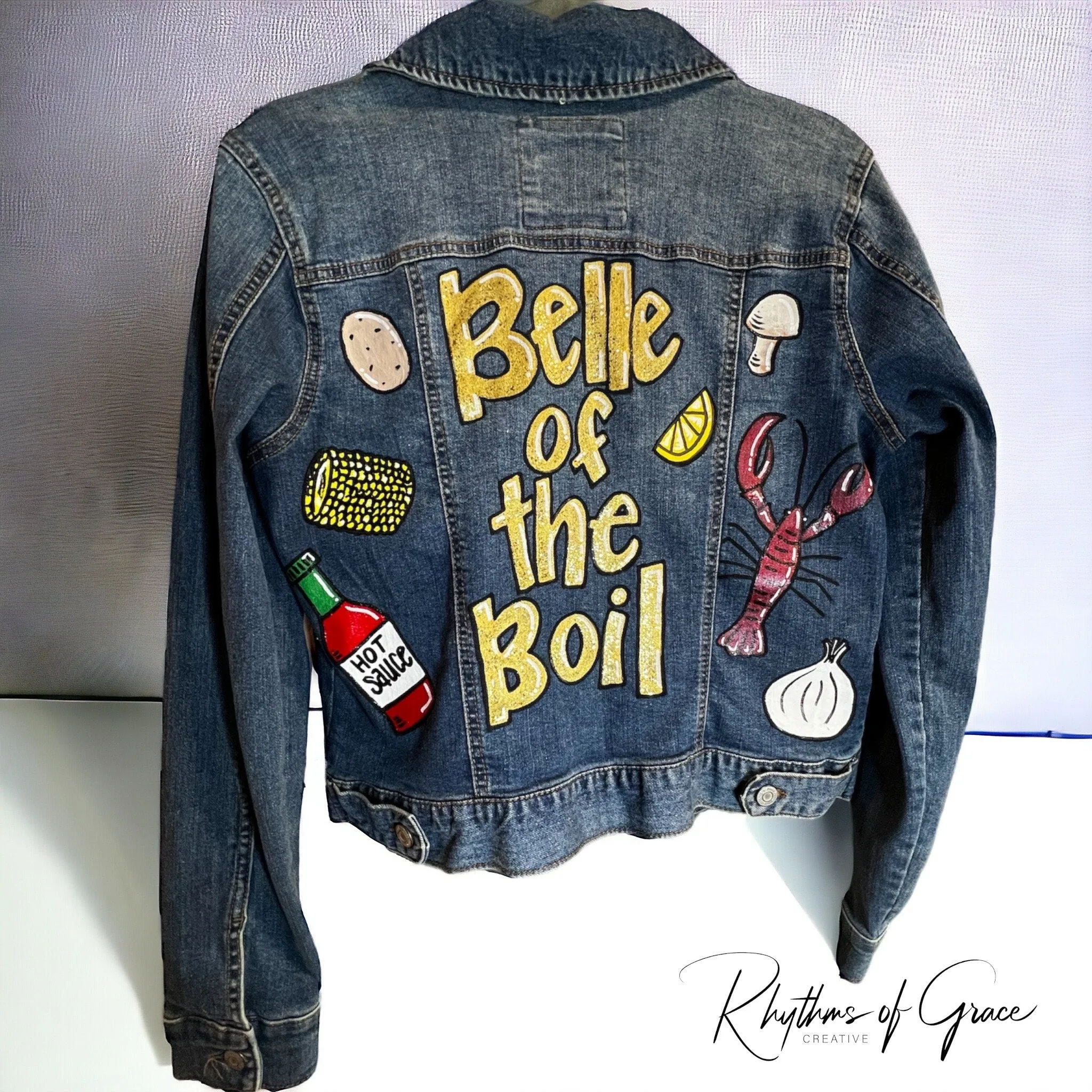Hand Painted Mardi Gras Jean Jacket - Mardi Gras, Painted Jean Jacket, New Orleans, Crawfish Boil, Parade Outfit, Belle of the Boil, Mudbug