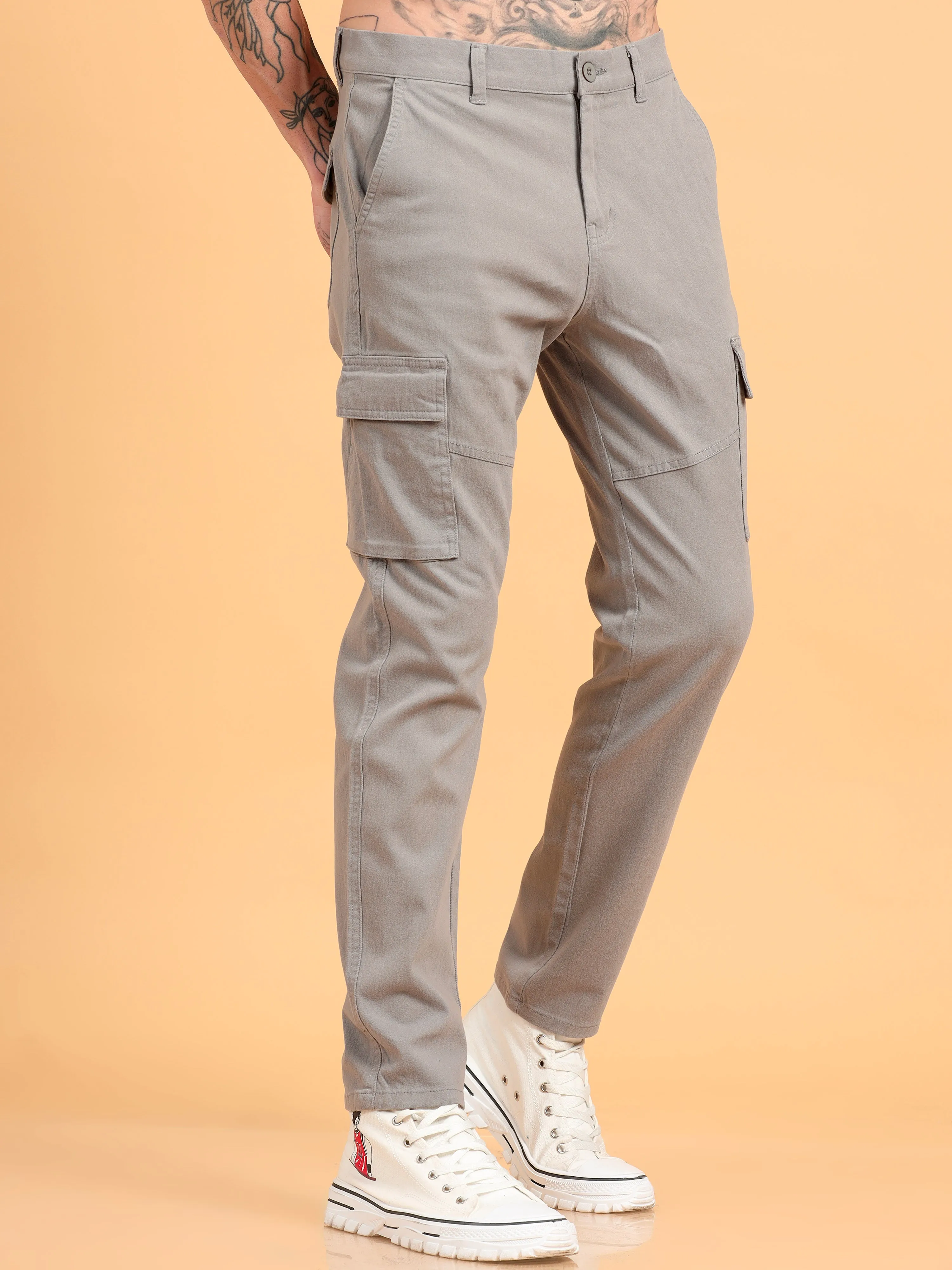 Men 2 Cotton Regular Fit Cargo Trousers, GRAPHITE GREY BROWN