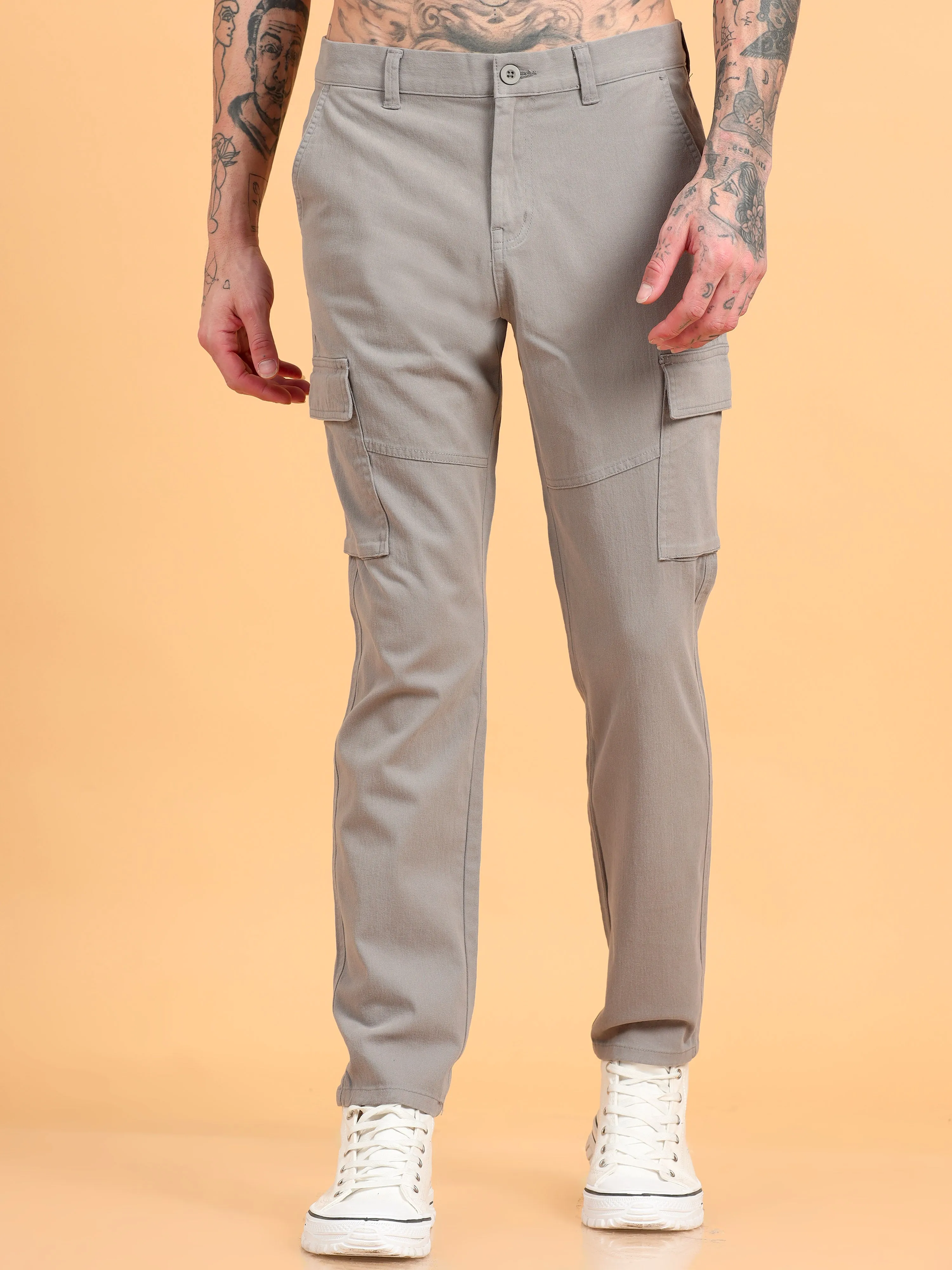 Men 2 Cotton Regular Fit Cargo Trousers, GRAPHITE GREY BROWN
