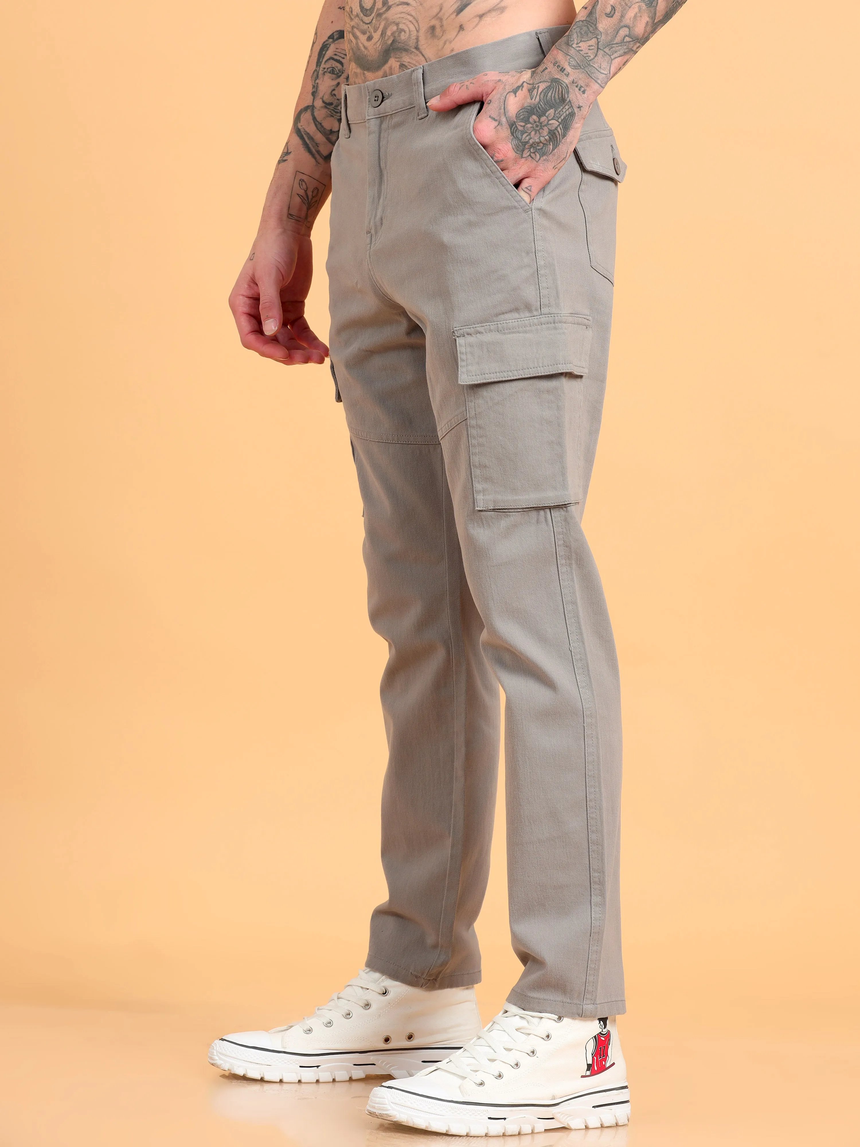 Men 2 Cotton Regular Fit Cargo Trousers, GRAPHITE GREY BROWN