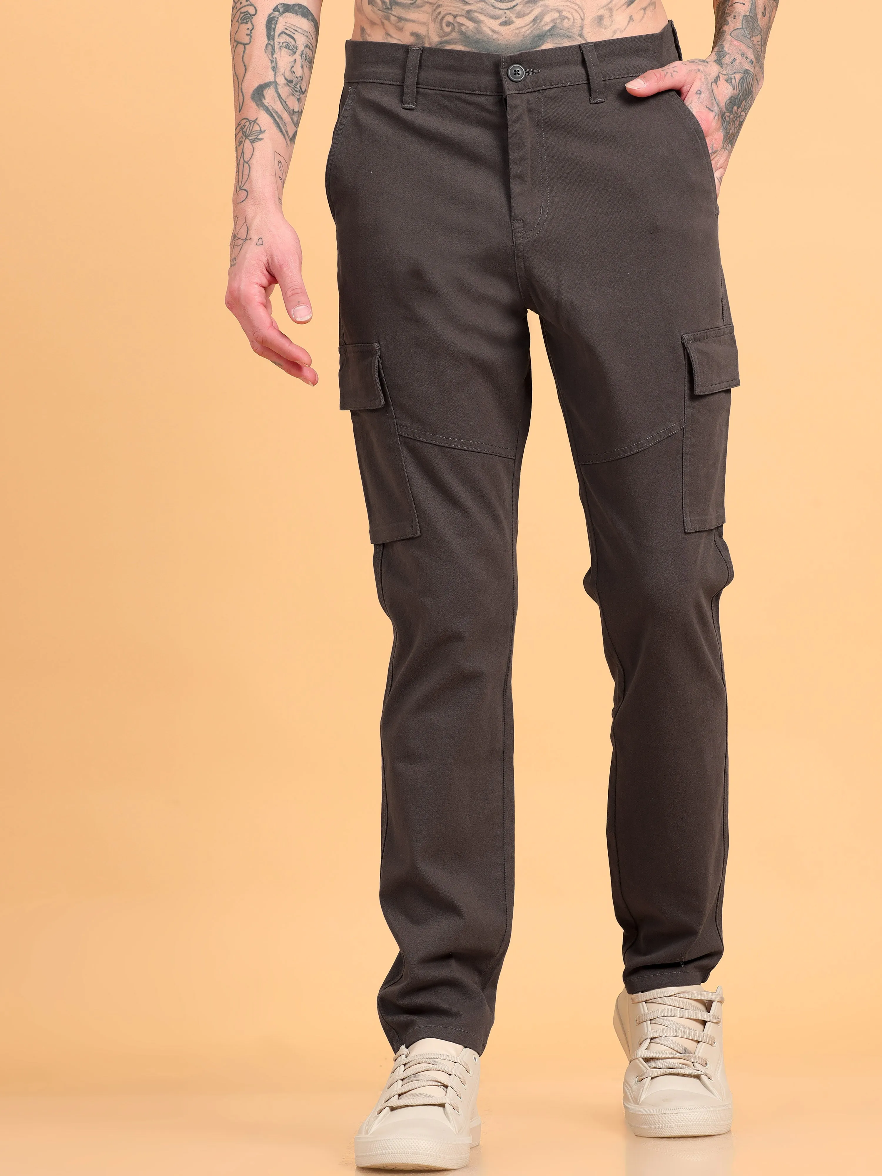 Men 2 Cotton Regular Fit Cargo Trousers, GRAPHITE GREY BROWN