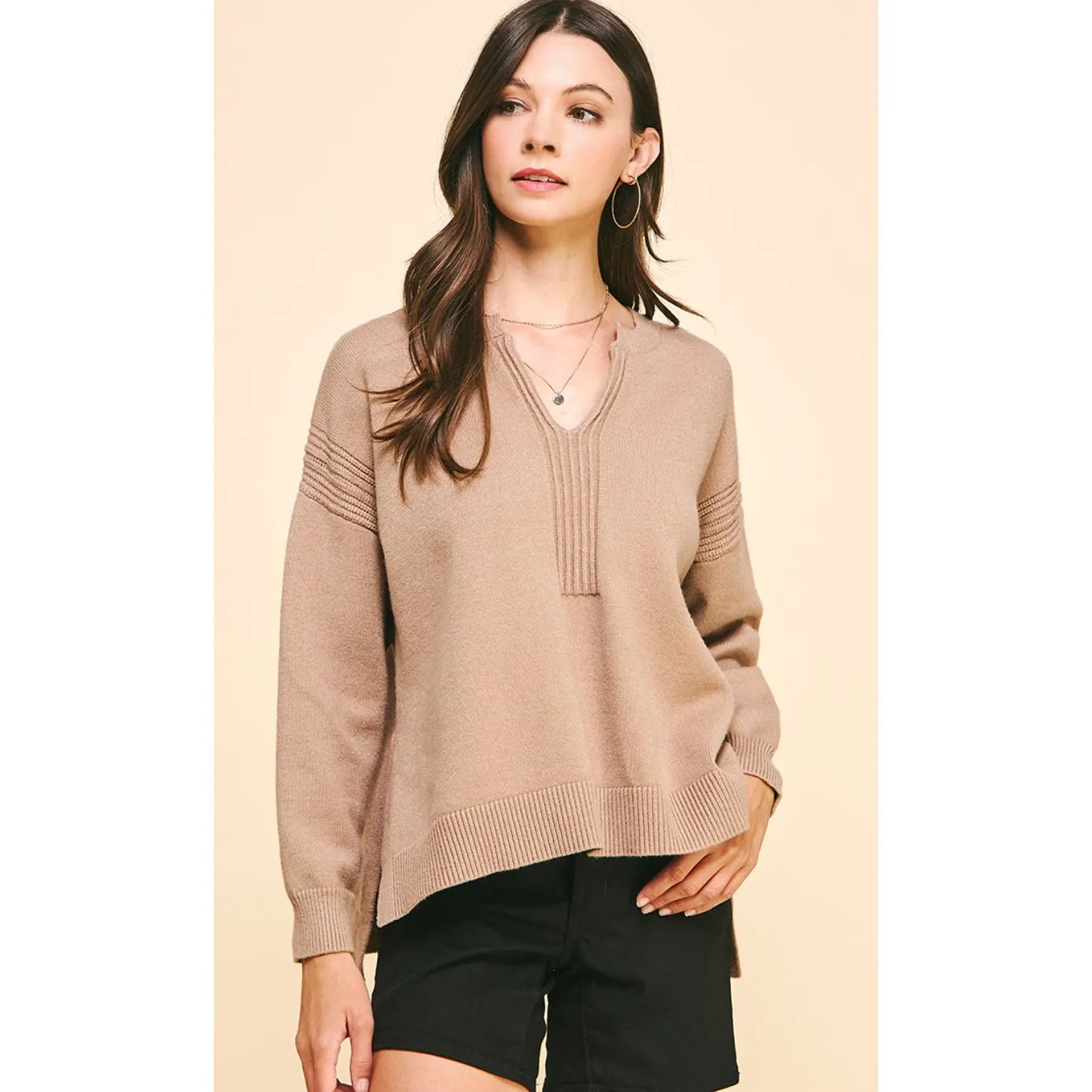 Porcha Taupe V-Neck PINCH Sweater