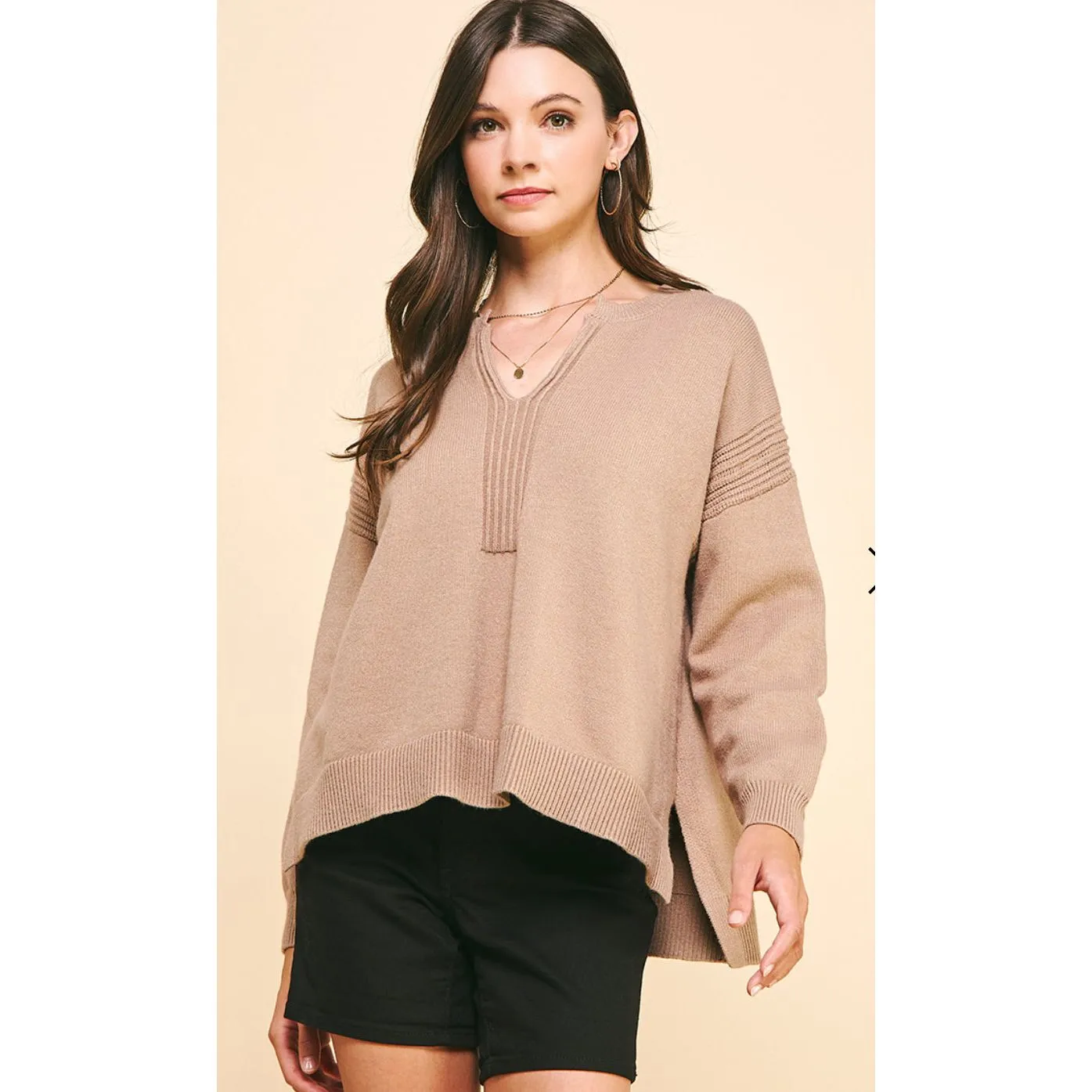 Porcha Taupe V-Neck PINCH Sweater