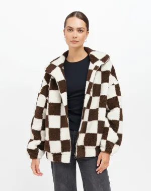 The Bianca' Checkerboard Zip Sherpa Jacket | Chocolate Brown/ Cream
