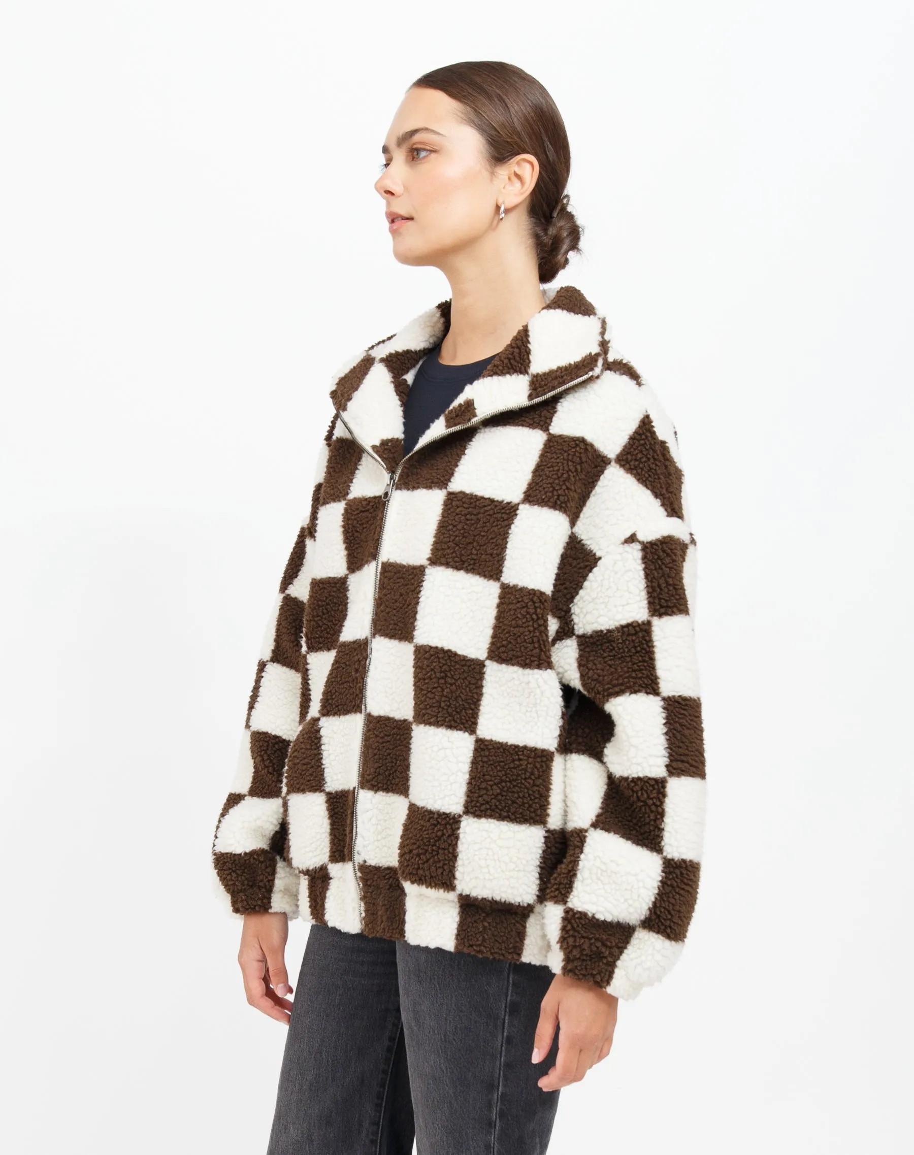 The Bianca' Checkerboard Zip Sherpa Jacket | Chocolate Brown/ Cream