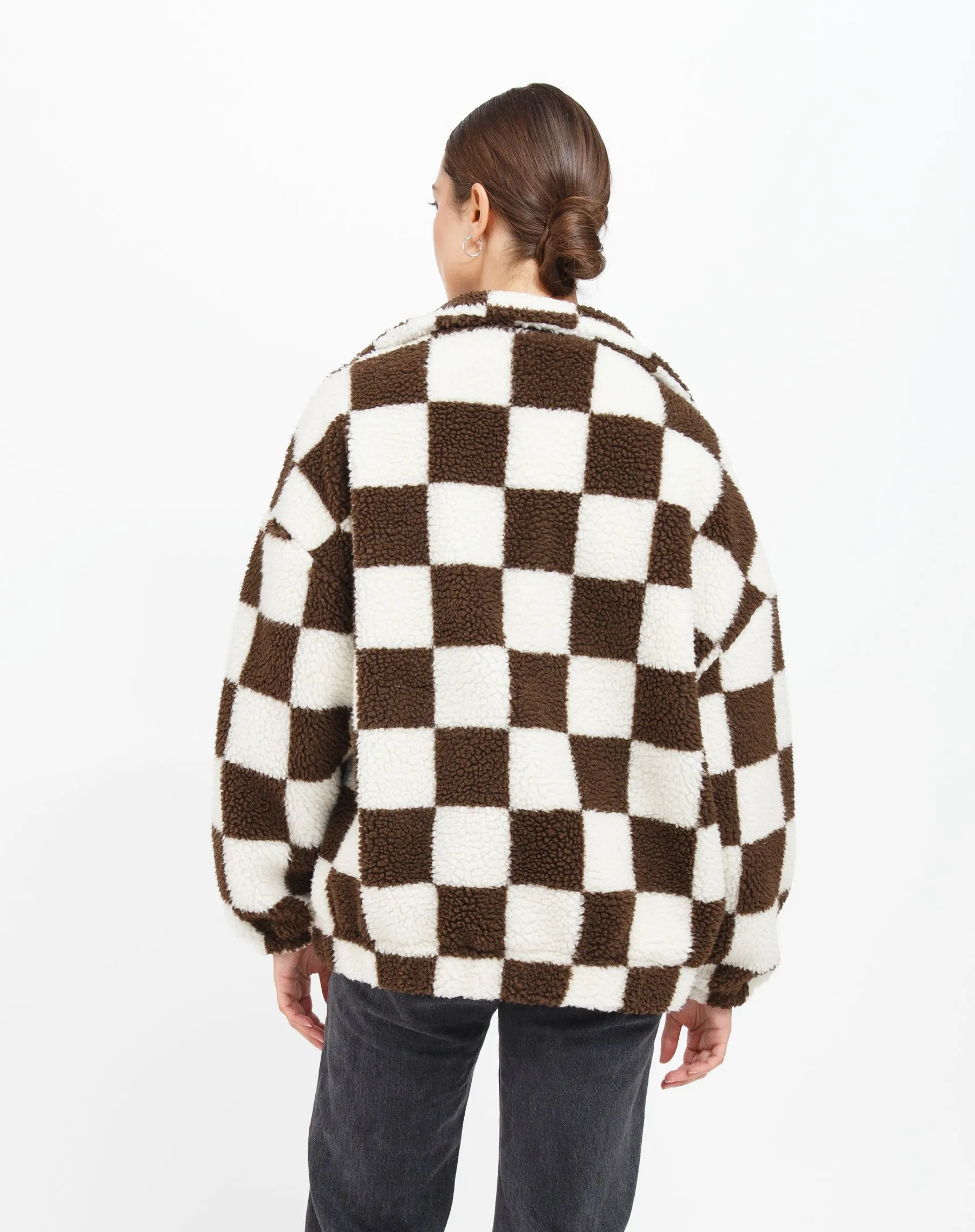 The Bianca' Checkerboard Zip Sherpa Jacket | Chocolate Brown/ Cream