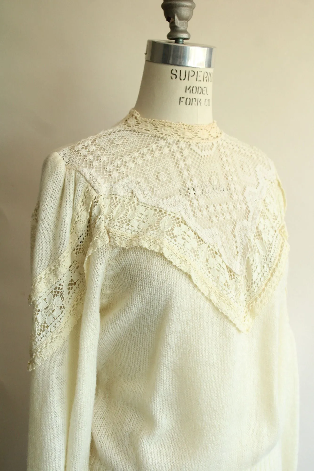 Vintage 1990s Ivory Sweater with Puffed Sleeves, Keyhole Neck and Lace