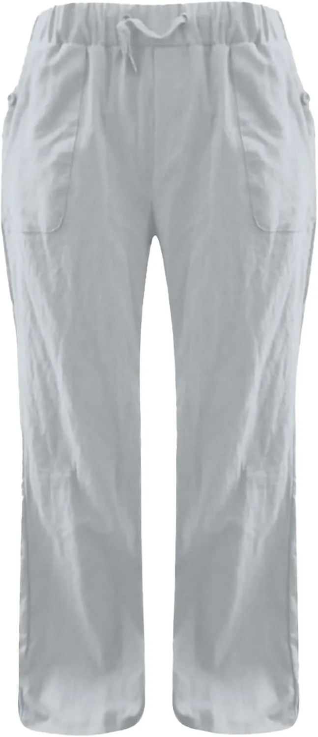 Womens Linen Yoga Pant with Pockets Drawstring Elastic Waist Long Flared Pants Loose Fit Wide Leg Gym Workout Pant
