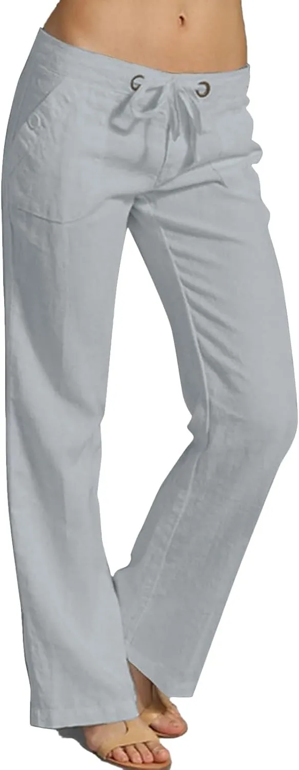 Womens Linen Yoga Pant with Pockets Drawstring Elastic Waist Long Flared Pants Loose Fit Wide Leg Gym Workout Pant